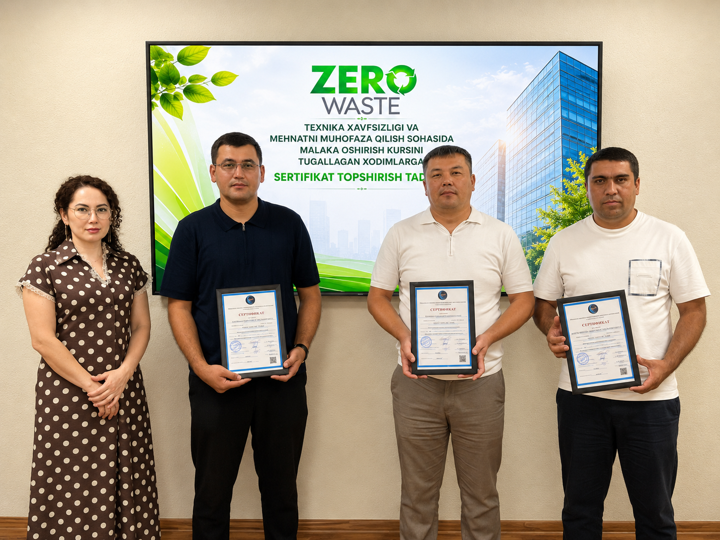 “Zero Waste” MChJ xodimlariga malaka oshirish kursini muvaffaqiyatli tamomlaganlik sertifikatlari topshirildi